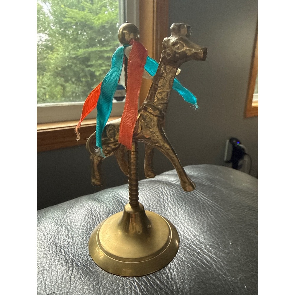 Vintage Solid Brass Carousel Giraffe Figurine India Decor Carnival Ribbon 5in